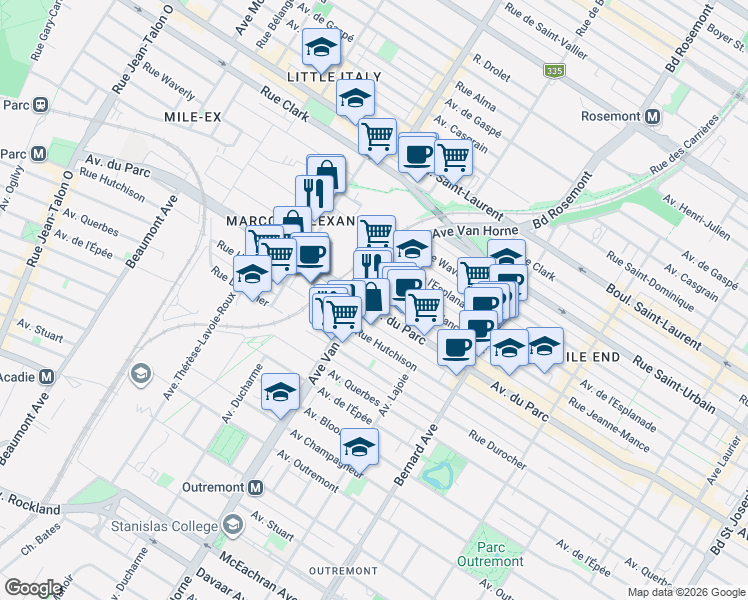 map of restaurants, bars, coffee shops, grocery stores, and more near 6103 Avenue du Parc in Montréal