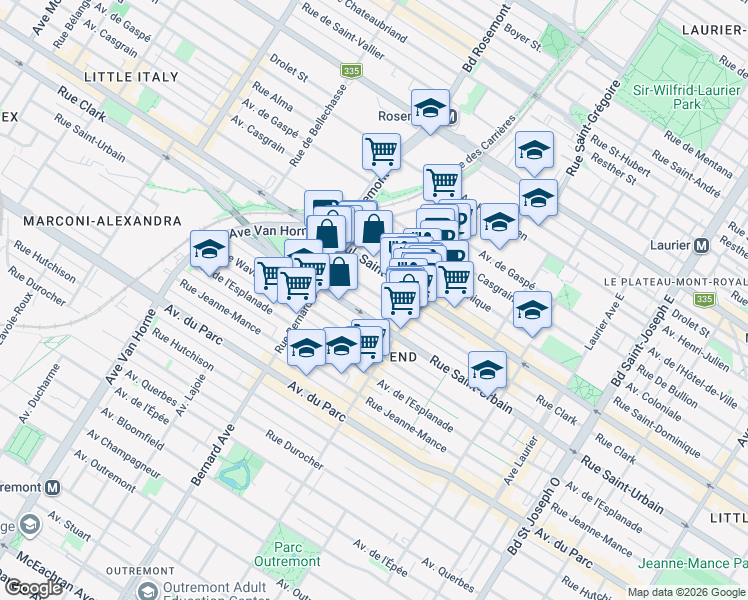 map of restaurants, bars, coffee shops, grocery stores, and more near 5640 Rue Clark in Montréal