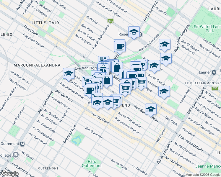 map of restaurants, bars, coffee shops, grocery stores, and more near 5677 Rue Saint-Urbain in Montréal