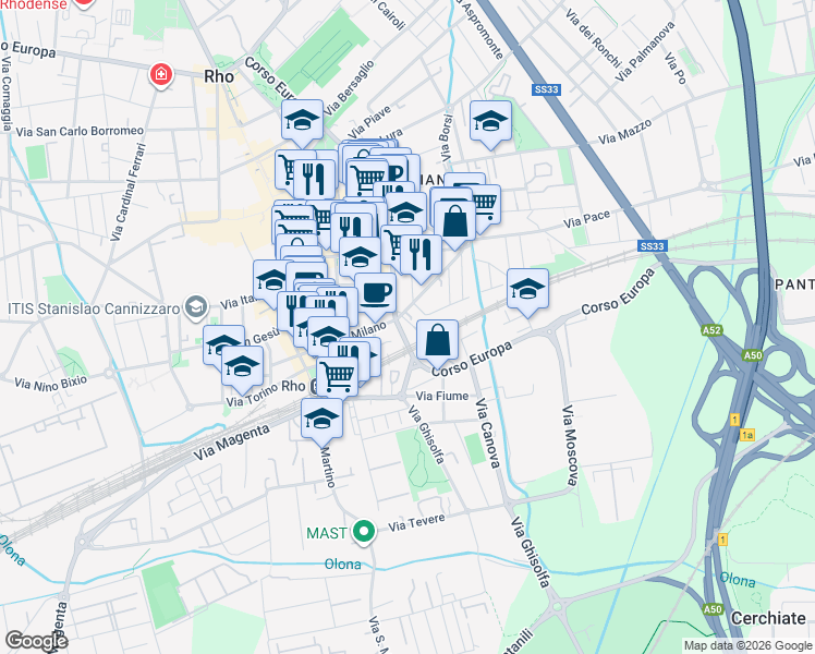 map of restaurants, bars, coffee shops, grocery stores, and more near 122 Corso Europa in Rho