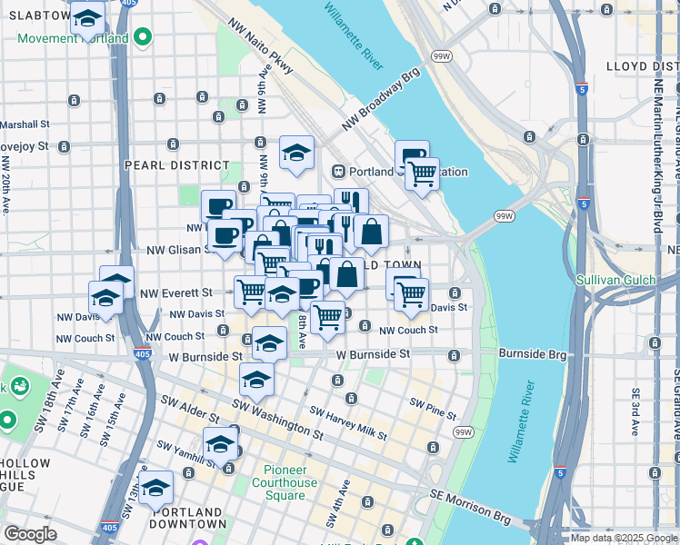 map of restaurants, bars, coffee shops, grocery stores, and more near 333 Northwest 6th Avenue in Portland