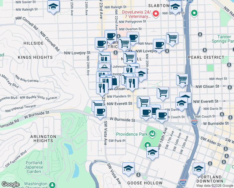 map of restaurants, bars, coffee shops, grocery stores, and more near 2207 Northwest Flanders Street in Portland