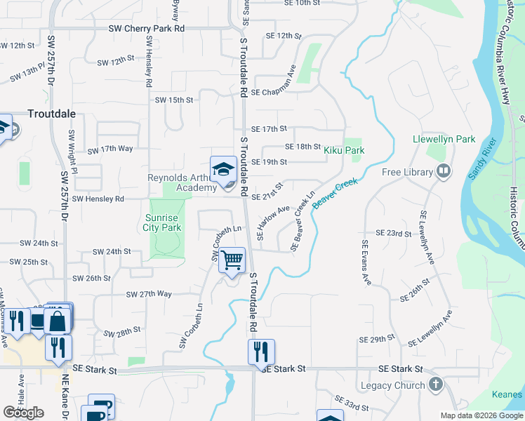 map of restaurants, bars, coffee shops, grocery stores, and more near 2168 Southeast Harlow Court in Troutdale