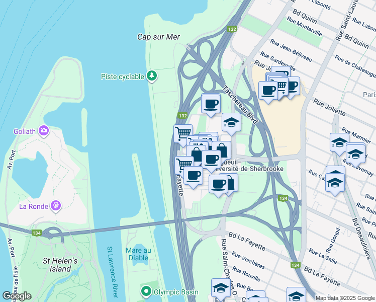 map of restaurants, bars, coffee shops, grocery stores, and more near 5 Rue de la Barre in Longueuil
