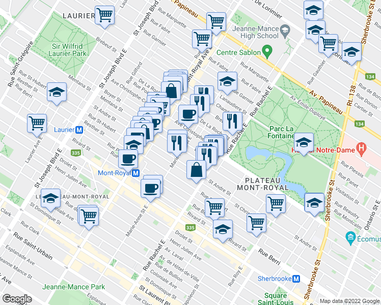 map of restaurants, bars, coffee shops, grocery stores, and more near 4287 Rue de Mentana in Montréal