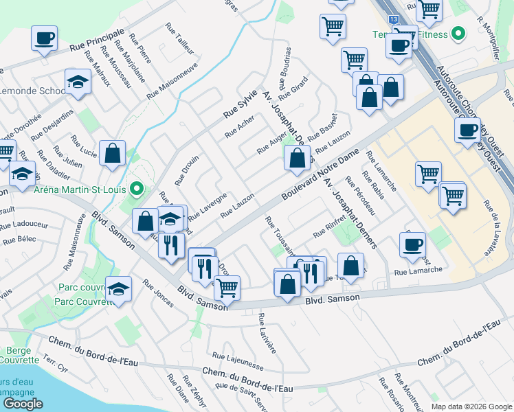 map of restaurants, bars, coffee shops, grocery stores, and more near 7293 Boulevard Notre-Dame in Laval