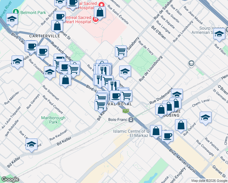 map of restaurants, bars, coffee shops, grocery stores, and more near 11900 Rue Dulongpré in Montréal