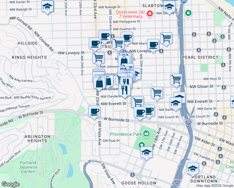 map of restaurants, bars, coffee shops, grocery stores, and more near 2167 Northwest Flanders Street in Portland