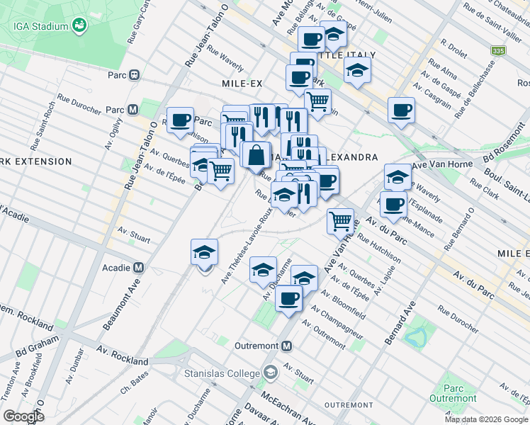 map of restaurants, bars, coffee shops, grocery stores, and more near 439 Avenue Thérèse-Lavoie-Roux in Montréal
