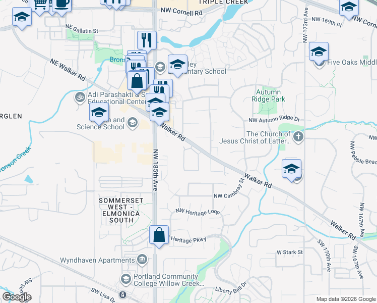 map of restaurants, bars, coffee shops, grocery stores, and more near 18314 Northwest Walker Road in Beaverton