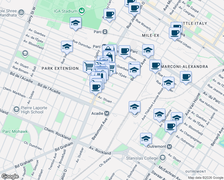 map of restaurants, bars, coffee shops, grocery stores, and more near 6981 Avenue d'Outremont in Montreal