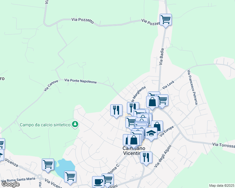 map of restaurants, bars, coffee shops, grocery stores, and more near 31 Via dei Gigli in Camisano Vicentino
