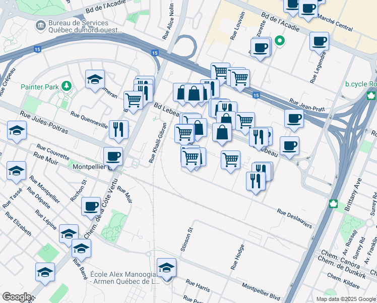 map of restaurants, bars, coffee shops, grocery stores, and more near 605 Rue Deslauriers in Montreal