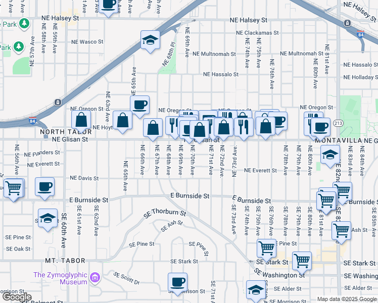 map of restaurants, bars, coffee shops, grocery stores, and more near 6925 Northeast Glisan Street in Portland
