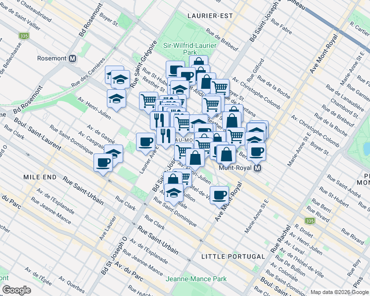 map of restaurants, bars, coffee shops, grocery stores, and more near 370A Boulevard Saint-Joseph Est in Montréal