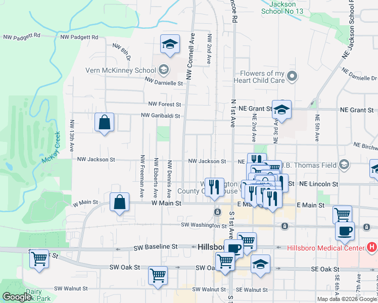 map of restaurants, bars, coffee shops, grocery stores, and more near 381 Northwest Connell Avenue in Hillsboro