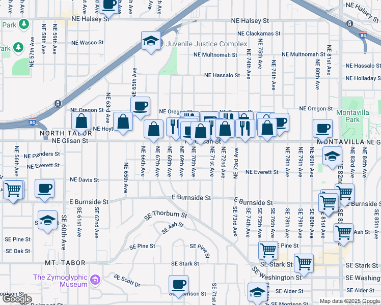 map of restaurants, bars, coffee shops, grocery stores, and more near 6925 Northeast Glisan Street in Portland