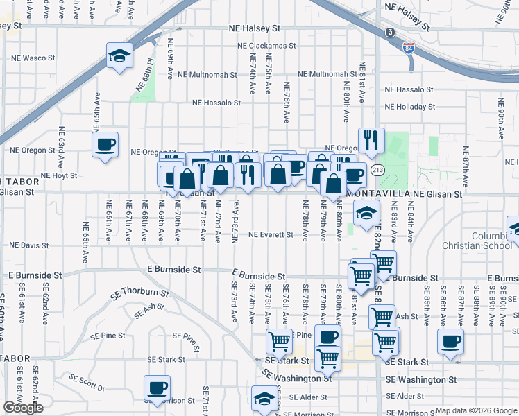 map of restaurants, bars, coffee shops, grocery stores, and more near 7450 Northeast Glisan Street in Portland