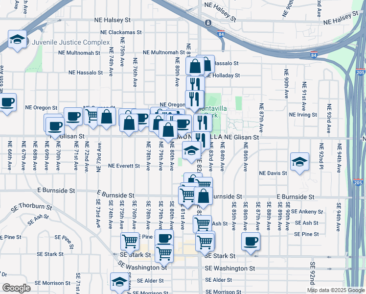 map of restaurants, bars, coffee shops, grocery stores, and more near 8101 Northeast Glisan Street in Portland