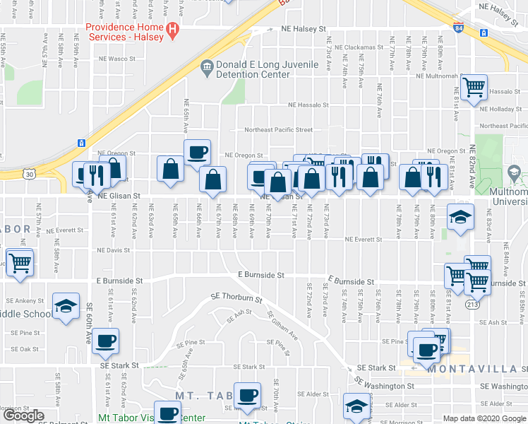 map of restaurants, bars, coffee shops, grocery stores, and more near 6925 Northeast Glisan Street in Portland