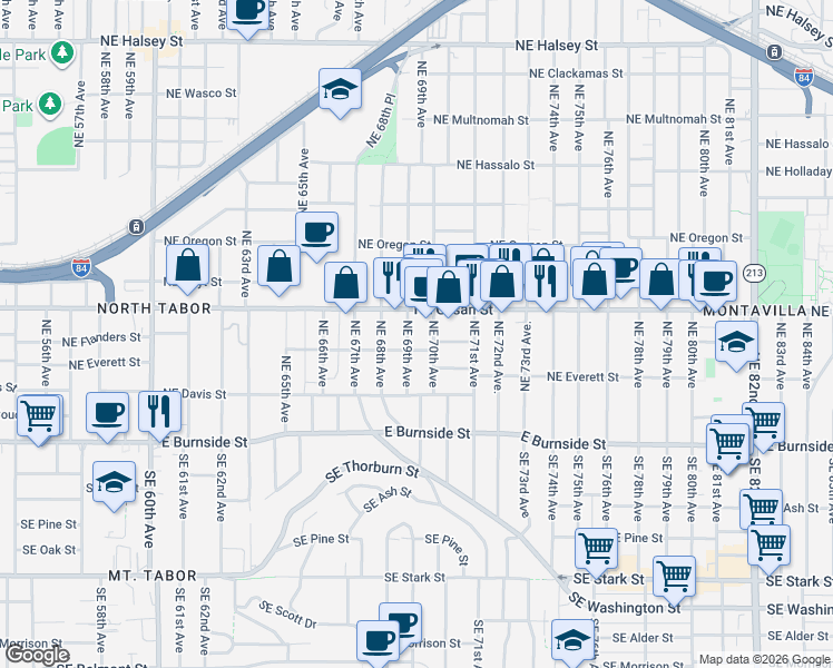 map of restaurants, bars, coffee shops, grocery stores, and more near 6925 Northeast Glisan Street in Portland