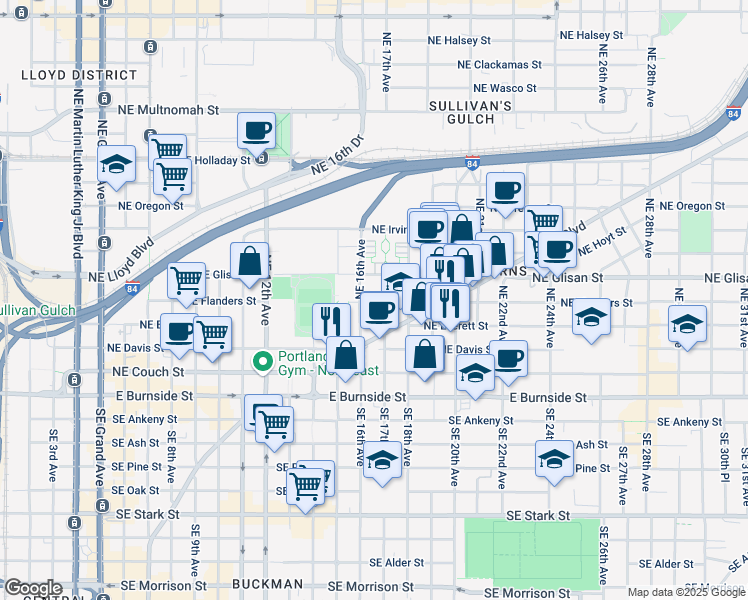 map of restaurants, bars, coffee shops, grocery stores, and more near 1626 Northeast Glisan Street in Portland