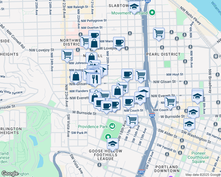 map of restaurants, bars, coffee shops, grocery stores, and more near 499 Northwest 20th Avenue in Portland