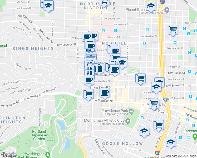 map of restaurants, bars, coffee shops, grocery stores, and more near 2225 Northwest Glisan Street in Portland