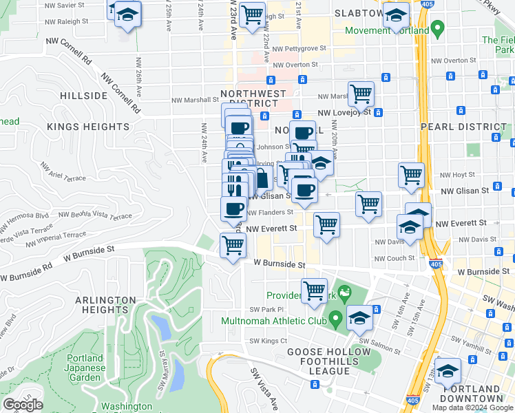 map of restaurants, bars, coffee shops, grocery stores, and more near 2225 Northwest Glisan Street in Portland