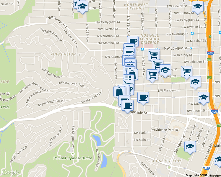 map of restaurants, bars, coffee shops, grocery stores, and more near 2445 Northwest Westover Road in Portland