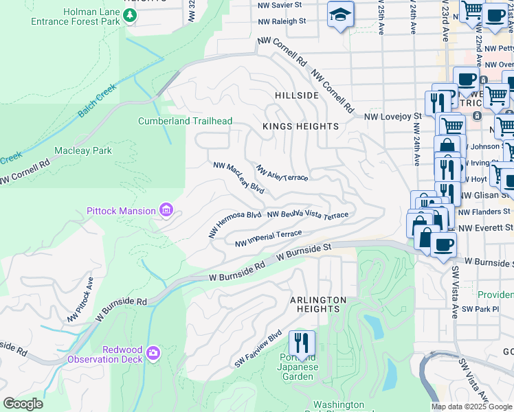 map of restaurants, bars, coffee shops, grocery stores, and more near 571 Northwest Alpine Terrace in Portland