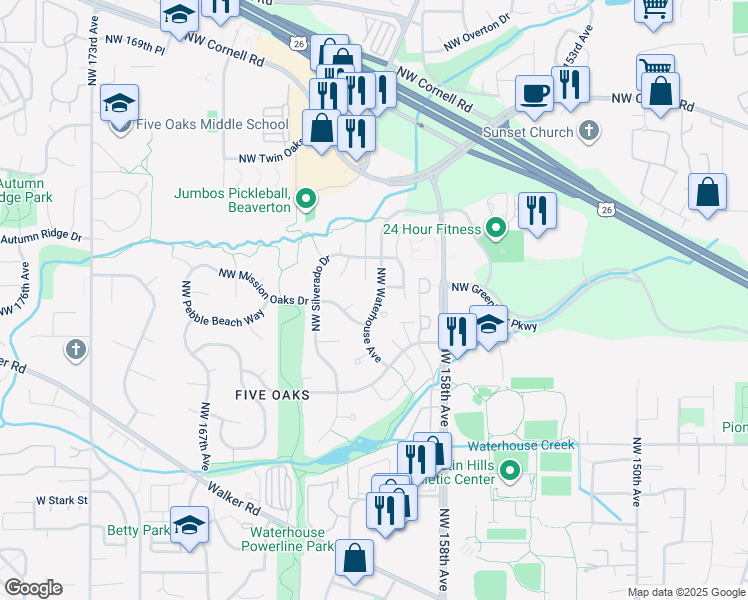 map of restaurants, bars, coffee shops, grocery stores, and more near 950 Northwest 161st Terrace in Beaverton