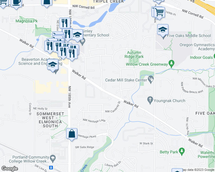 map of restaurants, bars, coffee shops, grocery stores, and more near 17965 Northwest Waterfield Court in Beaverton