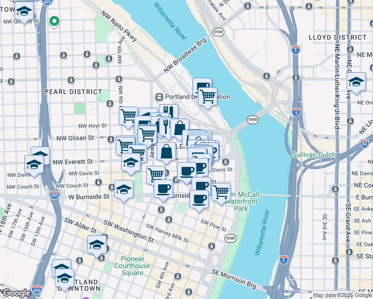 map of restaurants, bars, coffee shops, grocery stores, and more near in Portland