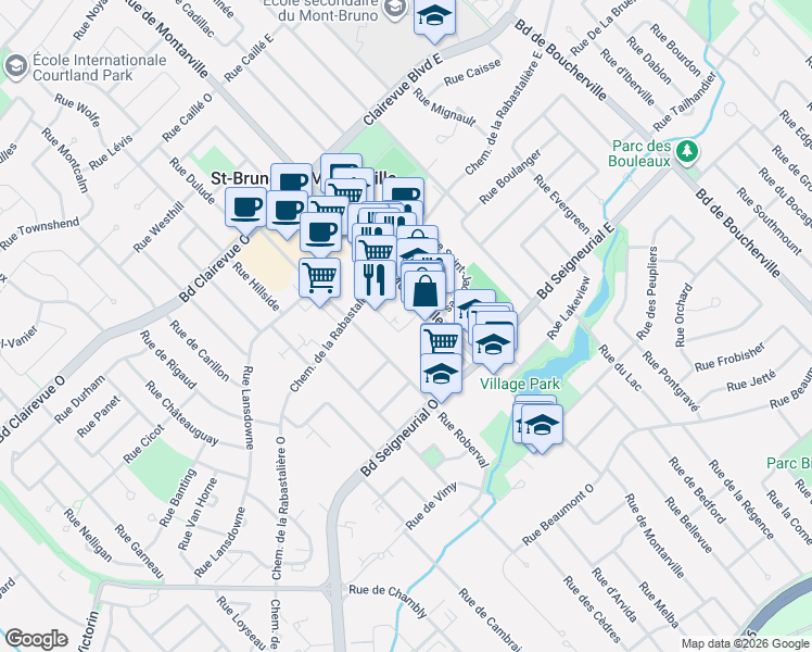 map of restaurants, bars, coffee shops, grocery stores, and more near 1550 Rue de l'Hôtel-de-Ville in Saint-Bruno-de-Montarville
