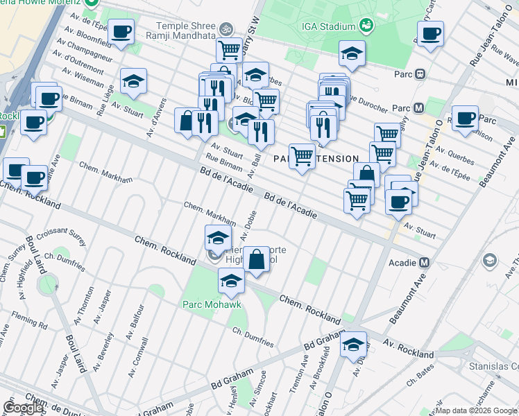 map of restaurants, bars, coffee shops, grocery stores, and more near 452 Avenue Dobie in Mont-Royal