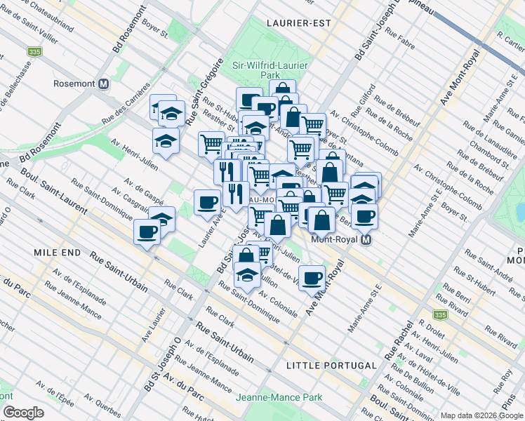 map of restaurants, bars, coffee shops, grocery stores, and more near 370A Boulevard Saint-Joseph Est in Montréal