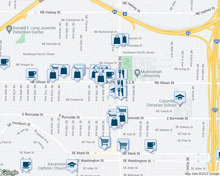 map of restaurants, bars, coffee shops, grocery stores, and more near 8101 Northeast Glisan Street in Portland