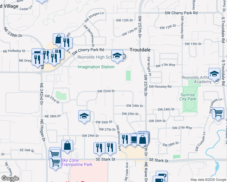 map of restaurants, bars, coffee shops, grocery stores, and more near SW McGinnis Ave & SW 22nd St in Troutdale
