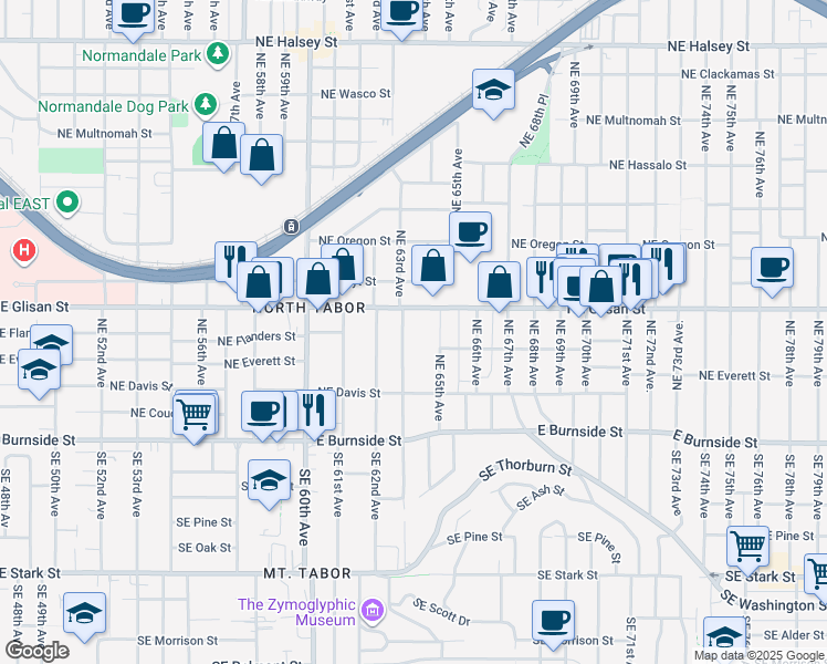 map of restaurants, bars, coffee shops, grocery stores, and more near 436 Northeast 63rd Avenue in Portland