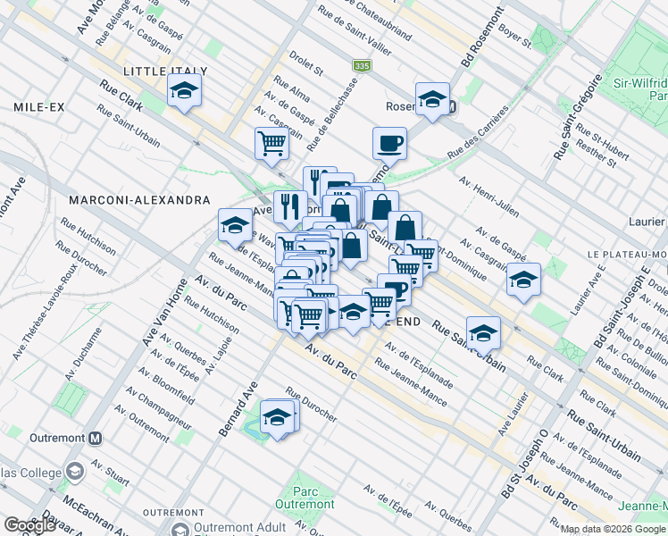 map of restaurants, bars, coffee shops, grocery stores, and more near 114 Rue Bernard Ouest in Montréal