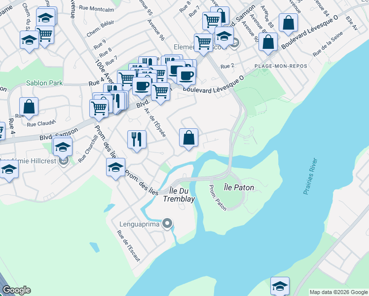 map of restaurants, bars, coffee shops, grocery stores, and more near 142 Rue de l'Ermitage in Laval