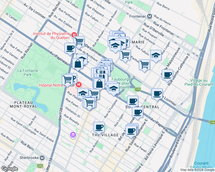 map of restaurants, bars, coffee shops, grocery stores, and more near 1935 Avenue Goulet in Montréal