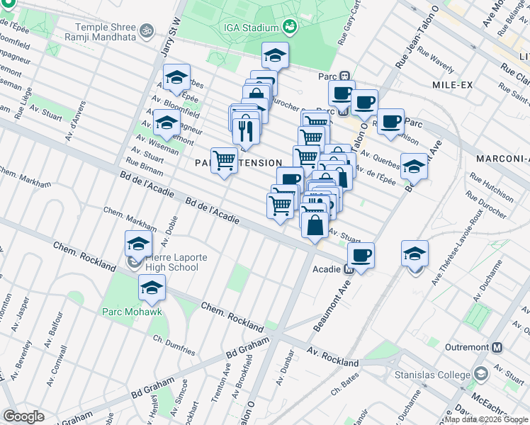 map of restaurants, bars, coffee shops, grocery stores, and more near 7469 Rue Birnam in Montréal