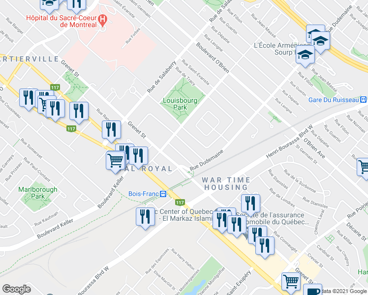 map of restaurants, bars, coffee shops, grocery stores, and more near 11806 Rue Michel Sarrazin in Montréal