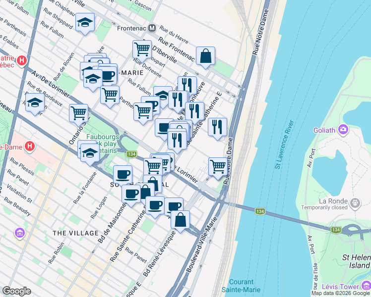 map of restaurants, bars, coffee shops, grocery stores, and more near 2180 Rue Sainte-Catherine Est in Montréal