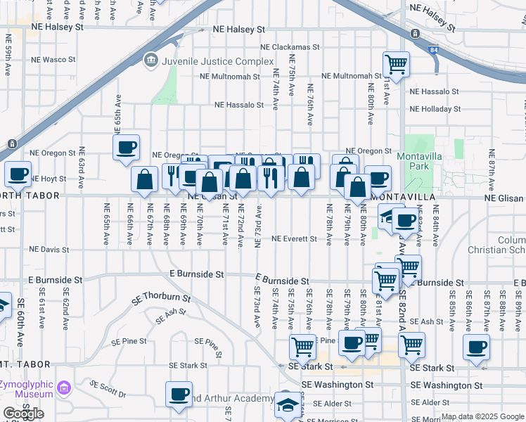 map of restaurants, bars, coffee shops, grocery stores, and more near 424 Northeast 73rd Avenue in Portland
