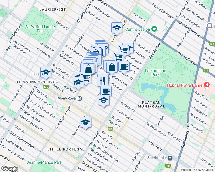 map of restaurants, bars, coffee shops, grocery stores, and more near 4316 Mentana Street in Montreal