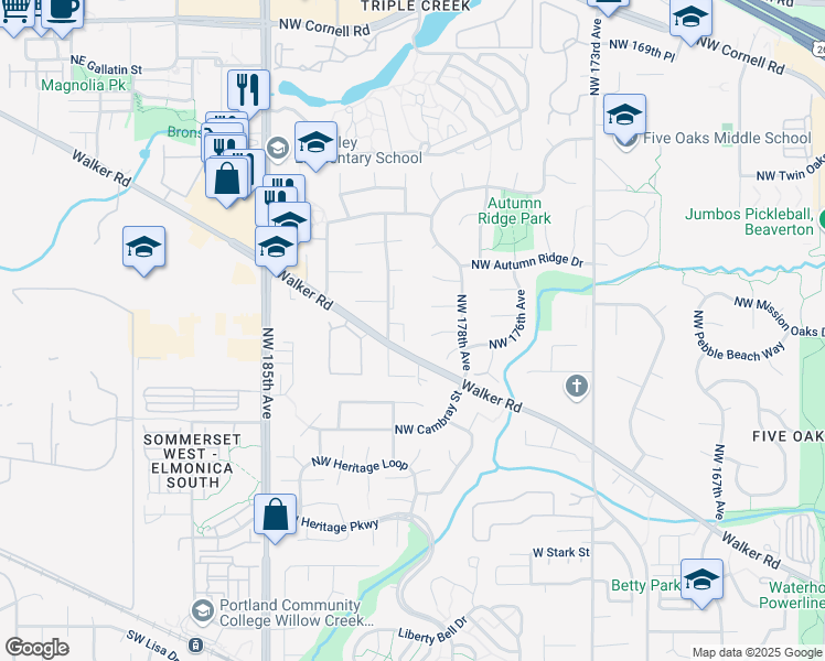 map of restaurants, bars, coffee shops, grocery stores, and more near 17965 Northwest Waterfield Court in Beaverton
