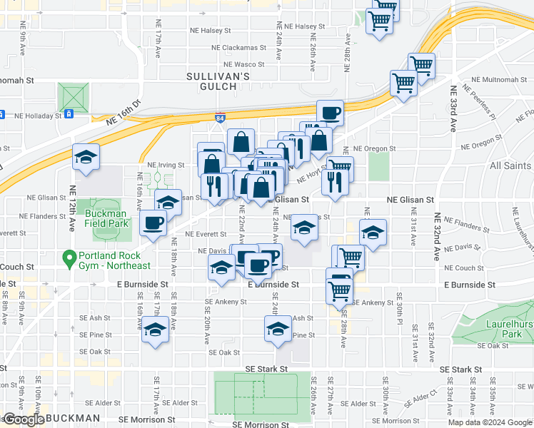 map of restaurants, bars, coffee shops, grocery stores, and more near 2325 Northeast Flanders Street in Portland